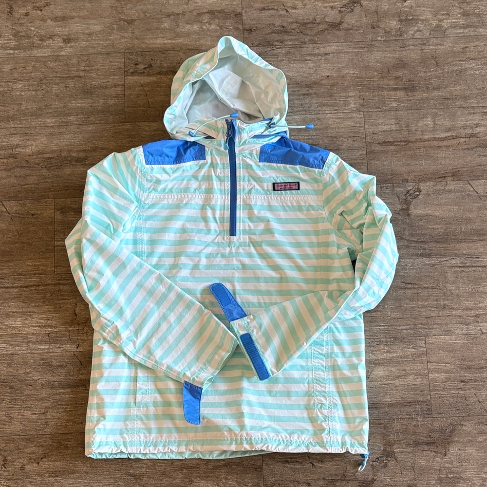 Vineyard Vines Striped Blue and White Hooded Rain Jacket